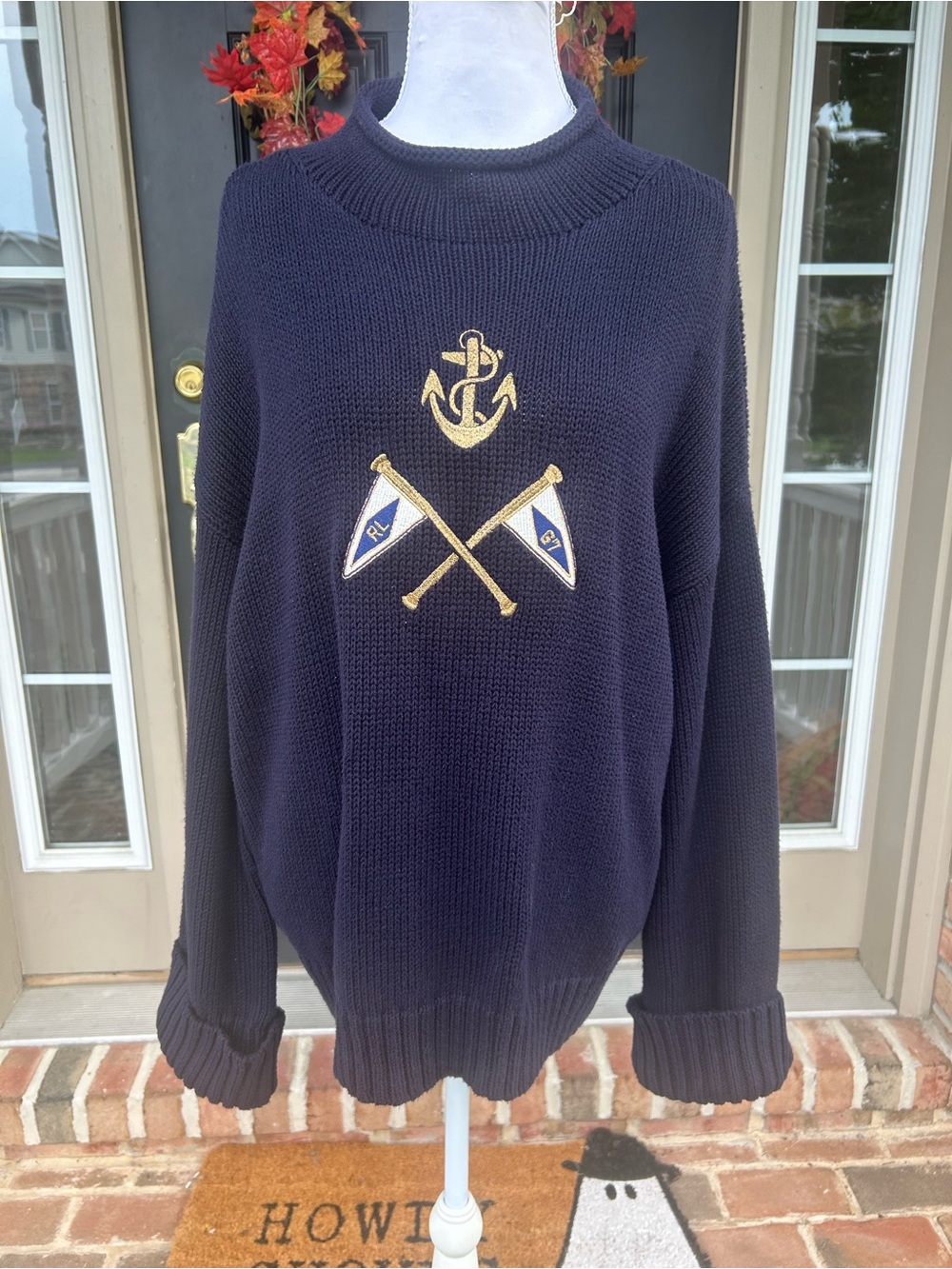 Polo Ralph Lauren Navy Cotton Knit Sweater  Nautical Anchor Flag Embroidery L